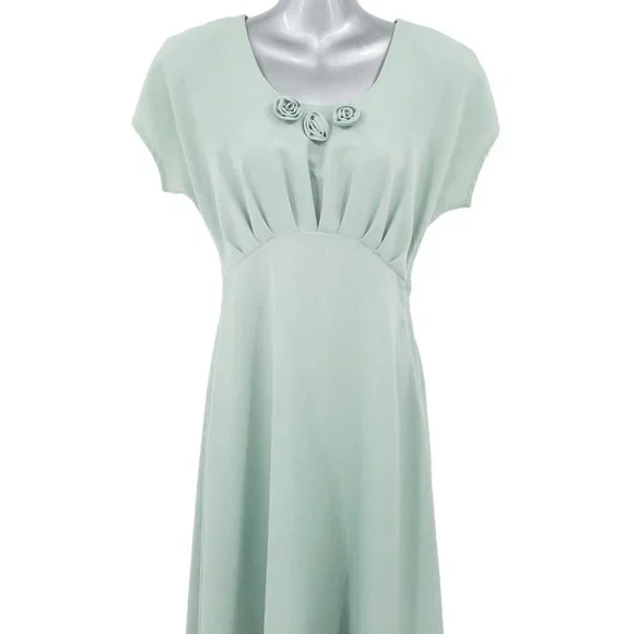 VTG 90s CDC Sage Green Short Sleeve Empire Waist Midi Dress Size 4 Pleated Roses - Picture 2 of 8